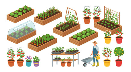 Isometric home gardening with raised beds and plants