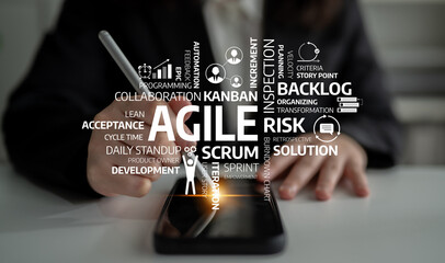 A close-up view of a hand using a stylus on a tablet surrounded by key terms related to agile methodology, emphasizing teamwork and project management principles in a modern workspace. Tessel