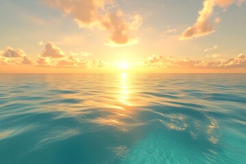 Obraz premium A calm turquoise sea gently ripples beneath soft golden clouds drifting across a warm, glowing sky, with light reflections dancing on the smooth water surface.