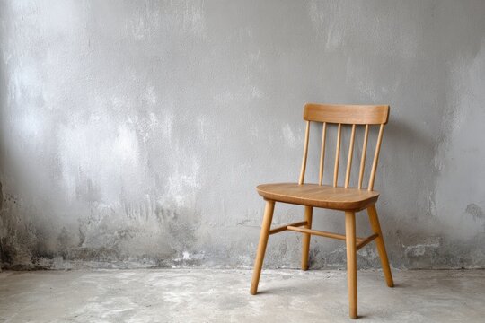 Light wooden spindle back dining chair rests against a textured gray concrete wall