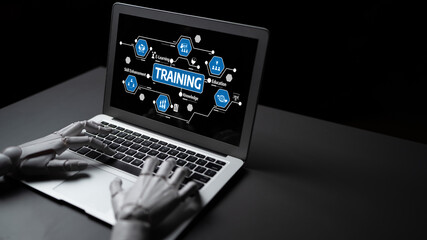 A robotic hand interacts with a laptop displaying a vibrant training concept. The screen features icons representing knowledge growth, education, and modern technology. Tessel