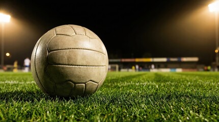 A close-up image of a worn soccer ball resting on a well-maintained grass field under the night sky