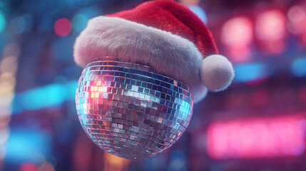 Festive disco ball wearing a santa hat brings holiday cheer to an exciting christmas rave party