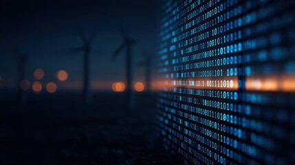 A digital landscape featuring binary code and wind turbines, highlighting the intersection of technology and renewable energy.