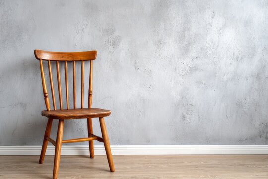 Wooden spindle back chair rests against a textured gray wall above light flooring
