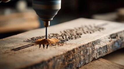 Crafting unique designs on wood with a rotary tool during a woodworking session in a workshop in the afternoon - Powered by Adobe