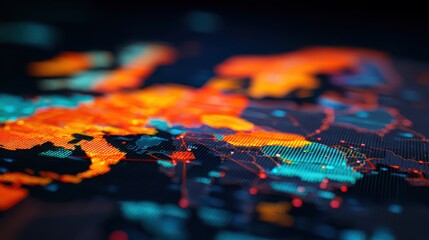 A vibrant digital map displaying interconnected nodes and pathways, illuminated by bright colors, representing data flow and connections across regions.