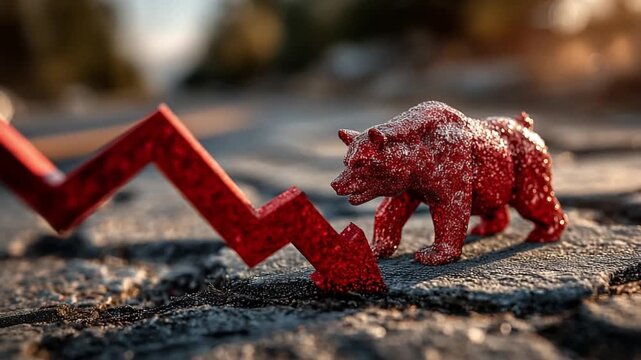 Economic Bear Market: A red bear figurine stands as a symbolic representation of a bearish market trend,  juxtaposed with a descending arrow, reflecting the economic downturn.