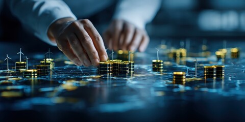 A hand adjusting gold coins on a digital map, symbolizing finance, investment, and technology in a modern, interconnected world.