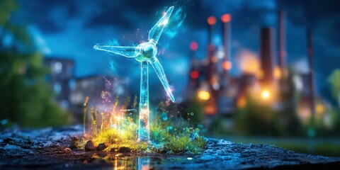 A glowing wind turbine stands amidst industrial buildings, symbolizing the fusion of renewable energy and technology in a vibrant, futuristic landscape.