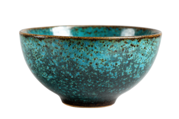 Rustic teal ceramic bowl with speckled glaze isolated on transparent background. Elegant teal ceramic bowl with rustic glaze isolated on white background.