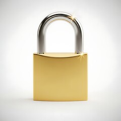 Fototapeta premium A closed heavy-duty gold and silver metallic padlock isolated on a white background, representing security, protection, and privacy.