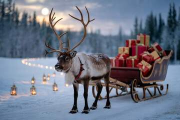 A majestic reindeer stands in the snow, adorned with antlers and a red harness.