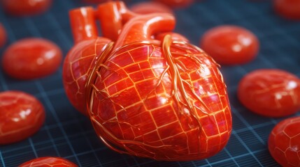 A vibrant, 3D-rendered heart surrounded by red cells, illustrating human anatomy and the circulatory system in a detailed and artistic manner.