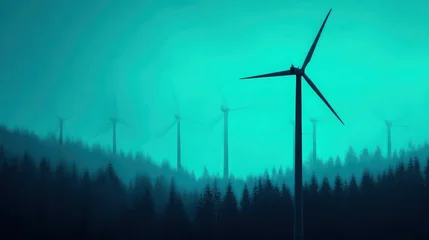 Ingelijste posters Koraalgroen A serene landscape featuring wind turbines surrounded by forest, set against a tranquil blue-green sky, emphasizing renewable energy and nature's beauty.  © 1389