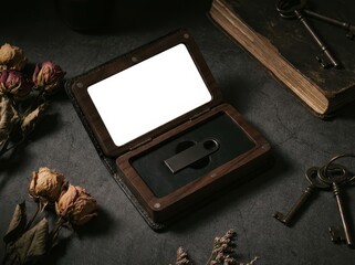 USB flash drive in wooden presentation box with dried flowers