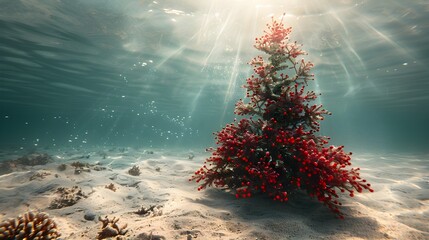 Underwater Christmas tree with red berries, serene ocean scene, holiday magic, winter wonderland concept