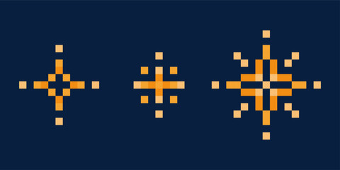 Obraz premium Sparkle and flash icons set pixel style. Glowing starburst and twinkle effects. Retro 8-bit holiday symbol.