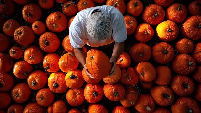 Person selecting a pumpkin from a large group