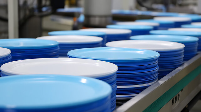 Stacks of plates in shades of blue and white neatly arranged on a production line create an eye-catching visual harmony. The plates move smoothly, a testament to automation.