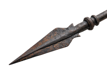 Ancient bronze spearhead artifact isolated on transparent background. Ancient iron spearhead with detailed textured isolated on white background.