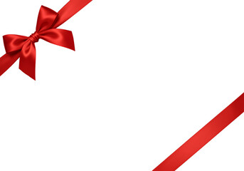 Red Satin Gift Ribbon Bow And Diagonal Stripe On Isolated Transparent Background