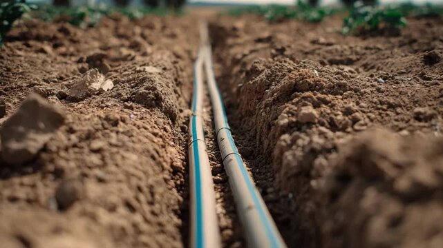 Medium shot focusing on precision subsurface drip system tubing layout underground highlighting targeted moisture delivery for row crops.