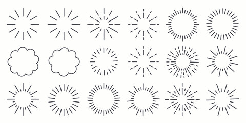 Obraz premium Sunburst Icons Set in Various Styles and Designs in Black Line Art on White Background for Graphic Design