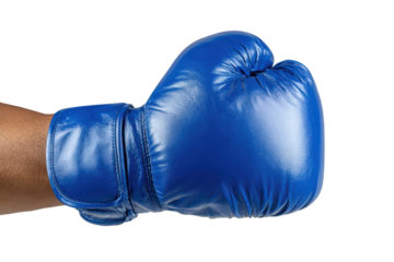 Blue boxing glove isolated on transparent background. Close up hand wearing blue boxing glove isolated on white background.