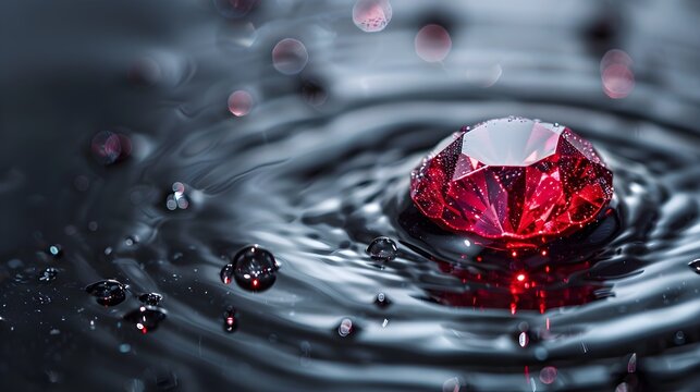 Crimson gemstone impact, water splash, luxury, elegance, precious jewel, dramatic lighting, close-up photography
