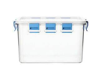 Clear plastic storage bin with blue latches on transparent background