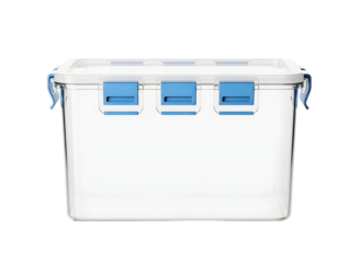 Clear plastic storage bin with blue latches on transparent background