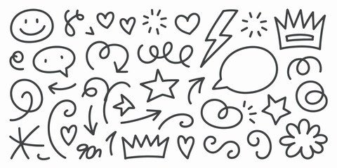 Hand Drawn Doodle Elements Set in Simple Line Art Style with Black Ink on White Background for Graphic Design