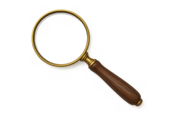 Magnifying glass with a golden frame and dark wooden handle, symbolizing discovery, search, and investigation. Transparent background