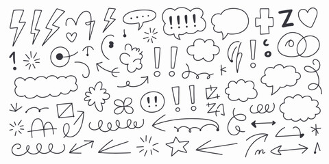 Fototapeta premium Hand drawn comic book elements in simple doodle style with black lines on white background for graphic design