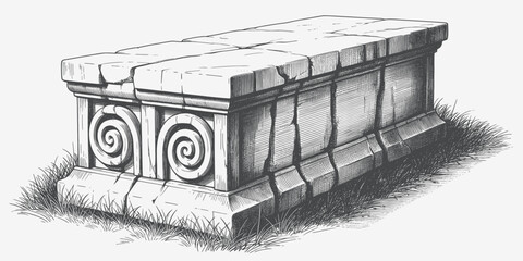 Ancient stone sarcophagus in detailed illustration with spiral designs in grayscale shading for historical decor