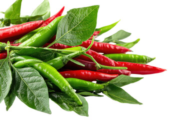 Bunch of red and green chili peppers isolated on transparent background. Vibrant red and green chili peppers with fresh leaves for spicy isolated on white background.