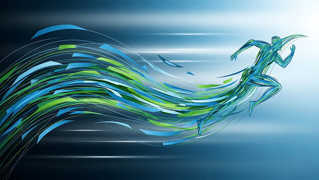 Abstract runner moving fast with dynamic blue green trails