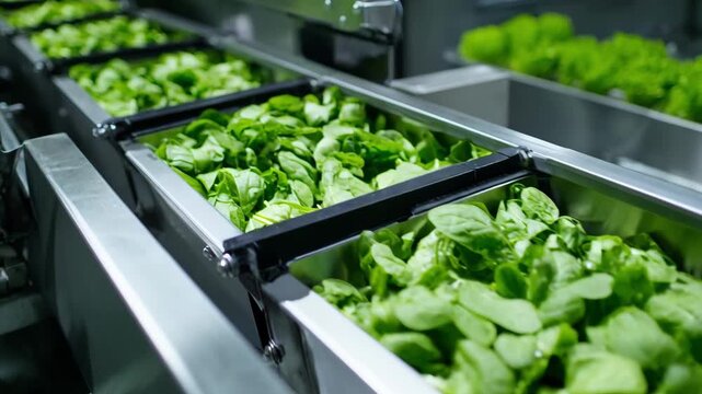 Medium shot of adjustable conveyor belt feeders transporting fresh green leaves with precise speed control for optimized processing and minimal waste.