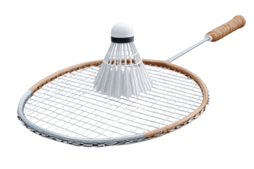 Badminton racket and shuttlecock isolated on transparent background. Badminton shuttlecock isolated on white background.