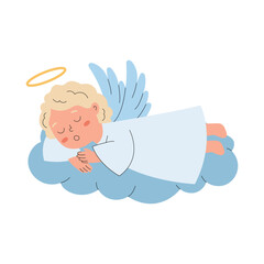 Sleeping christmas angel on blue cloud. Cute heavenly baby with wings and halo in pastel scandinavian tones. Cozy winter symbol of peace and dreams for festive cards, prints and decor.