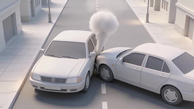 Two white cars collide at an intersection with smoke billowing from the impact point illustrating a common traffic accident scenario.