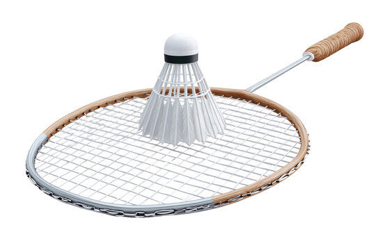 Badminton racket and shuttlecock isolated on transparent background. Badminton shuttlecock isolated on white background.