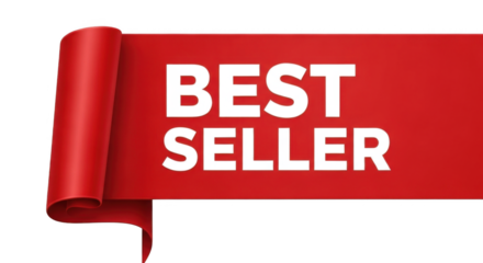 Red best seller banner with curled edge isolated on transparent background