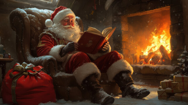 Santa Claus sitting in a plush armchair near a roaring fire, reading a Christmas storybook, with snow-covered boots and a red sack of presents beside him
