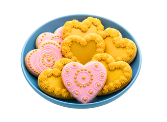 A blue plate filled with decorated heart shaped cookies on transparent background