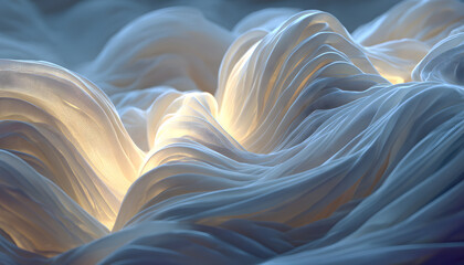 Ethereal white fabric waves gracefully undulating in soft light, creating a serene atmosphere, embodying the concept of cloud dancer and tranquility in motion