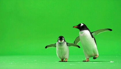 Fototapeta premium Two Gentoo Penguins with Open Wings on Green Screen Backdrop