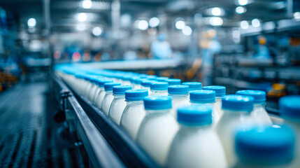 Fototapeta premium Bottles of fresh milk with blue caps lined up on conveyor belt inside a modern dairy processing plant with industrial machinery in the background
