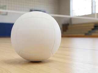 White volleyball on wooden court ready for game